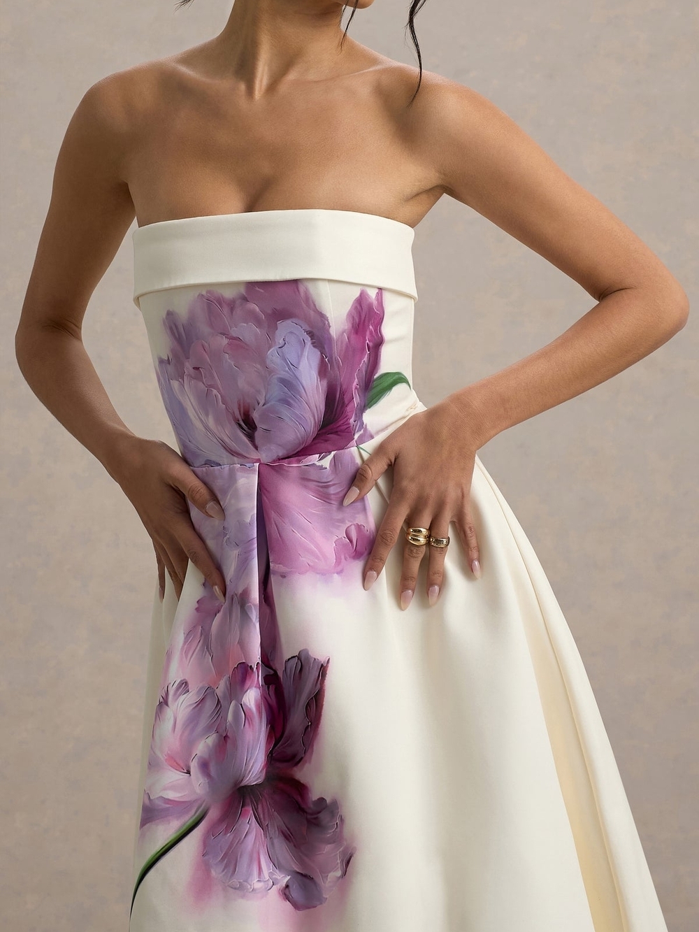 Club L London Strapless Ivory Midi Dress with Lavender Floral Accent - Picture 2 of 6
